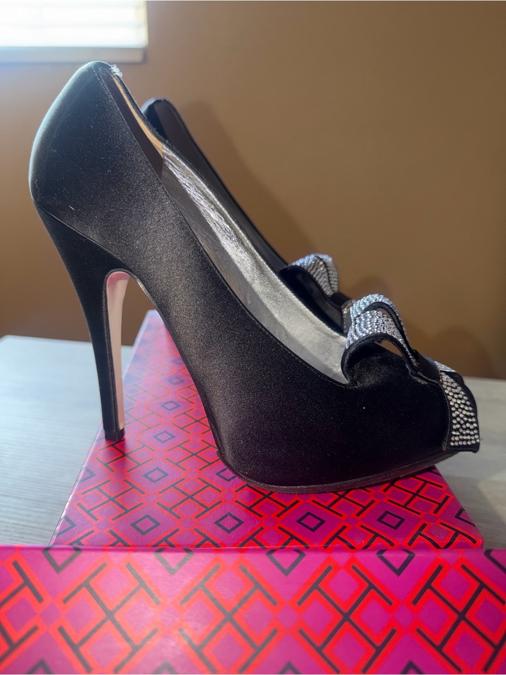 Black Satin High Heels with Crystal Bow Accent - Women's Evening Pumps